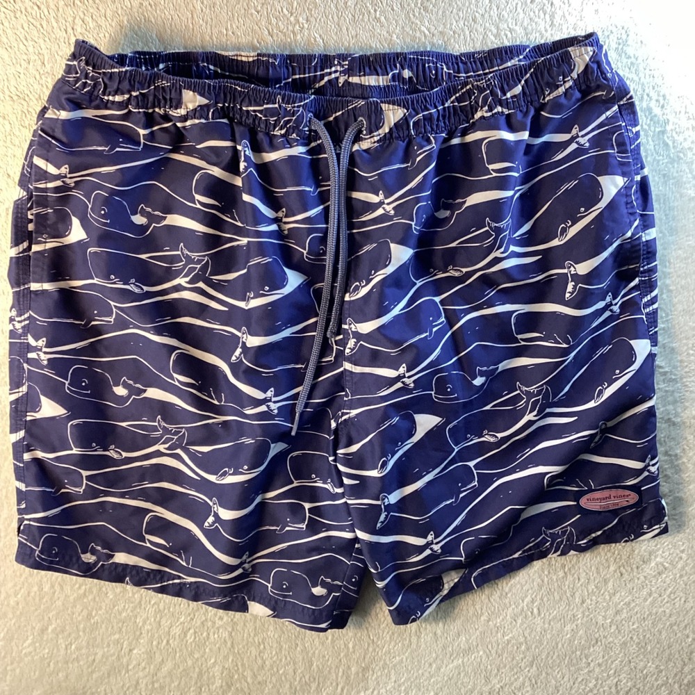 Vineyard Vines Mens XL Whale Print Swim Trunks Navy Blue Board Shorts 6" Inseam